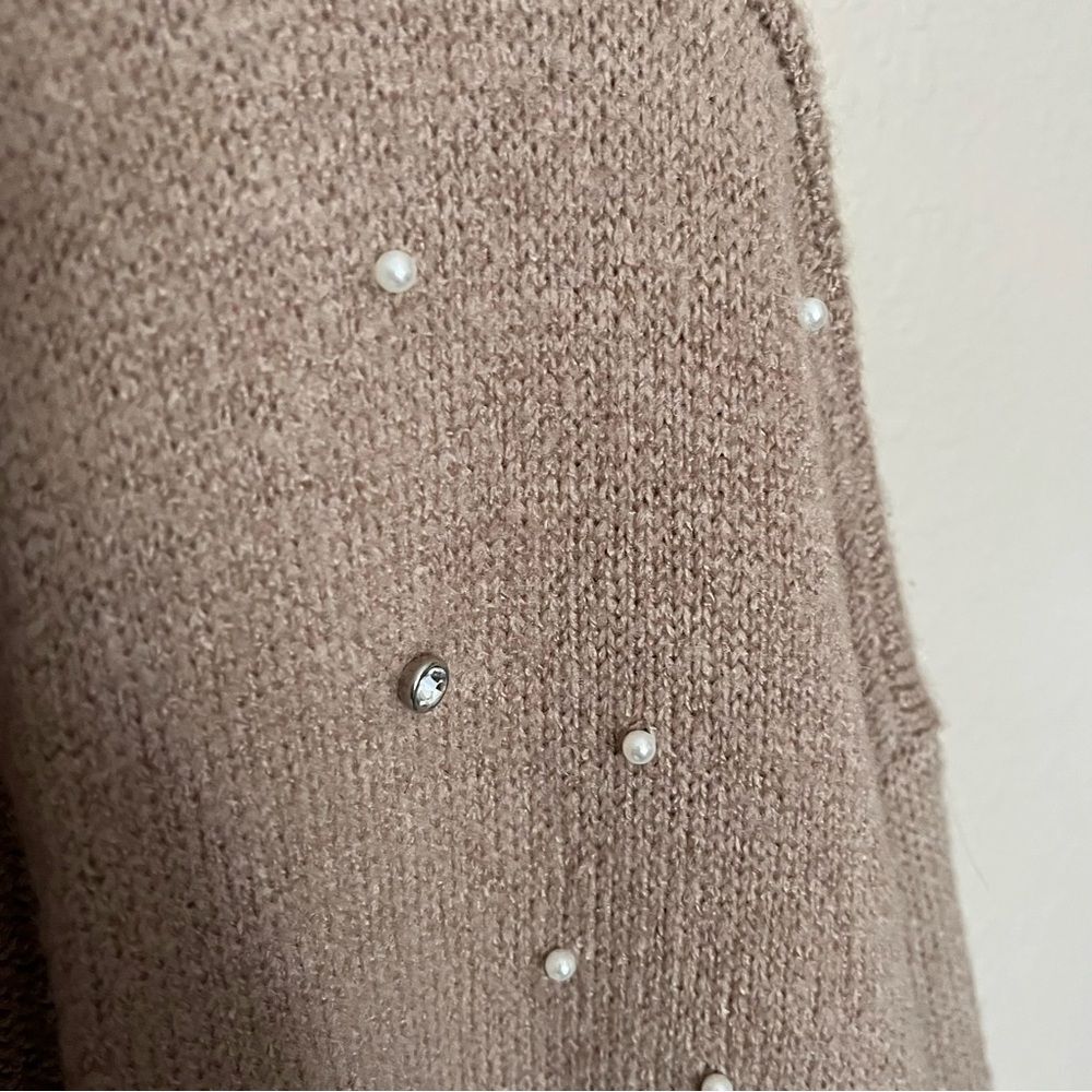 Chico's Wool-Blend Pearl/Rhinestone Embellished Tan Cardigan Duster Size 1 MED - Picture 6 of 9